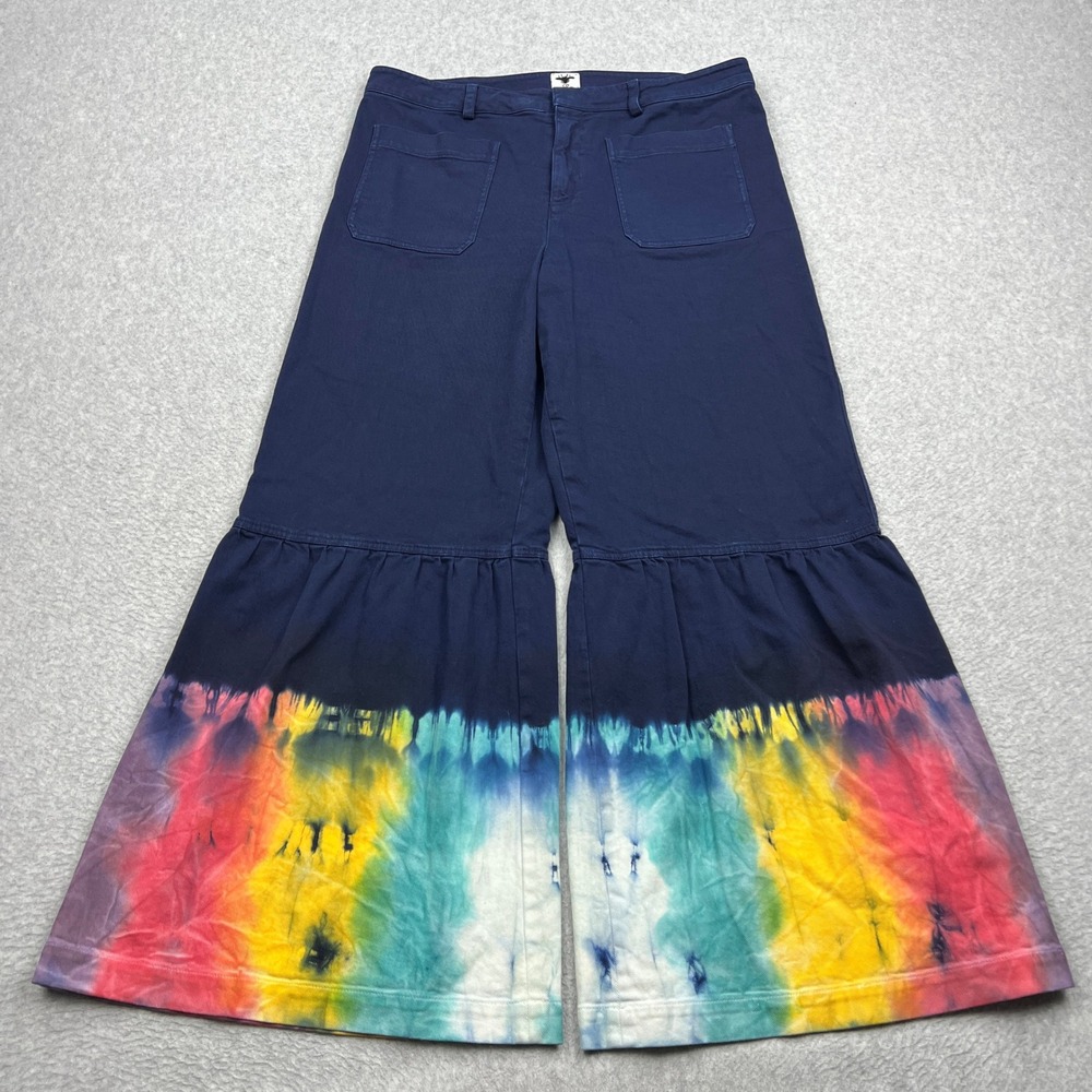 Dior Wide Leg Jeans Women's 10 Midnight Blue Tie Dye Ruffle Tier Bee Flare Pants
